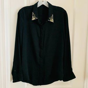 FOREVER 21 SHEER BUTTON UP BLOUSE RHINESONES COLLAR